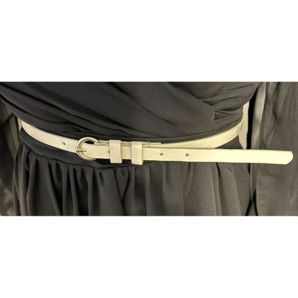 Womens‎ Skinny Cream Faux Leather Belt Gold Round Buckle Off White Cinch Belt